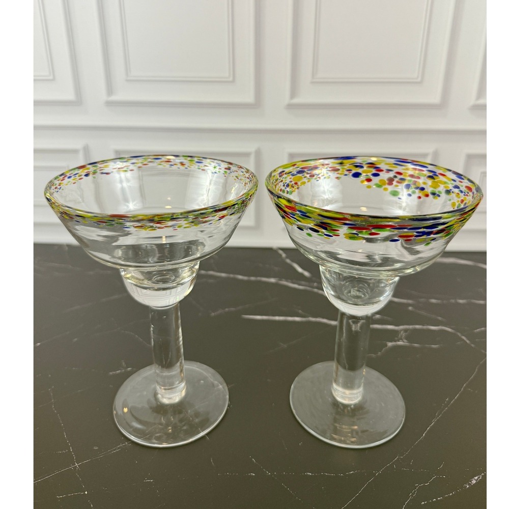 VTG PAIR (2) of Hand Blown Mexican Confetti Rim‎ Margarita Glasses 7" Tall